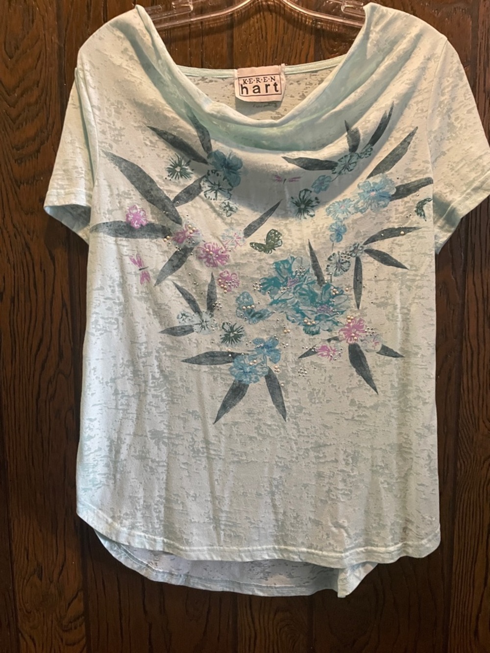 KEREN hart Pale Blue Floral Short Sleeve Cowl Neck Top